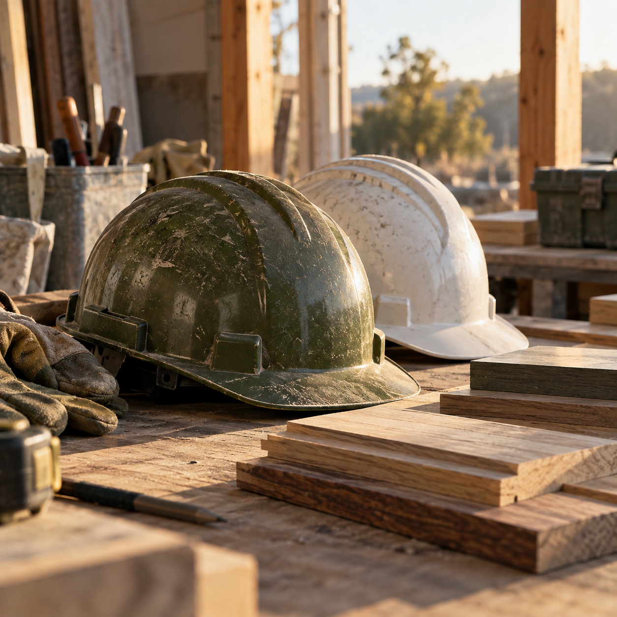 Illustrative scene of small construction workshop: hard hats, joinery samples, an organized site bench
