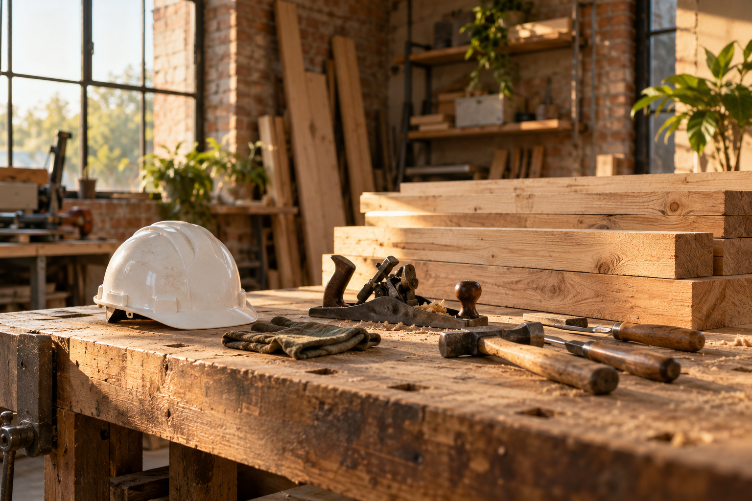 Illustrative scene of small construction workshop: an organized site bench, stacked timber, rolled blank plans