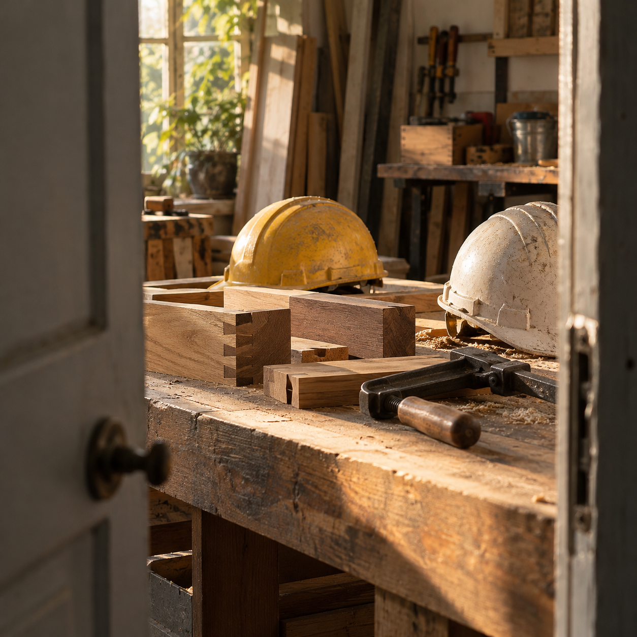 Illustrative scene of small construction workshop: rolled blank plans, a measuring square, hard hats